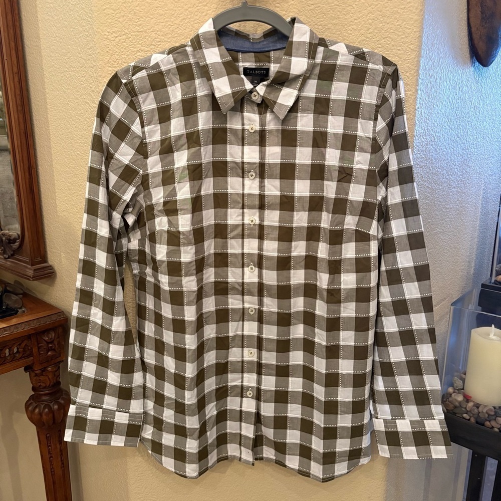 NWT~Talbots Women Olive and White Check Button-Up Shirt Size Medium